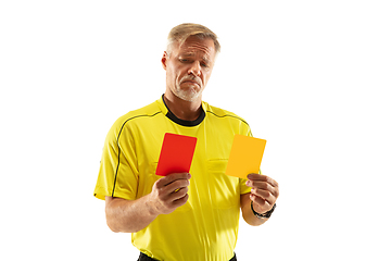 Image showing Football referee showing a red card to a displeased player isolated on white background