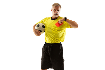 Image showing Football referee showing a red card to a displeased player isolated on white background