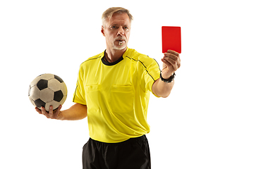 Image showing Football referee showing a red card to a displeased player isolated on white background