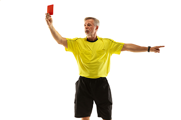 Image showing Football referee showing a red card to a displeased player isolated on white background