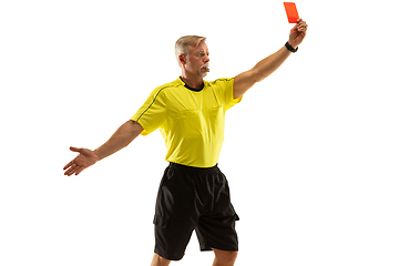 Image showing Football referee showing a red card to a displeased player isolated on white background