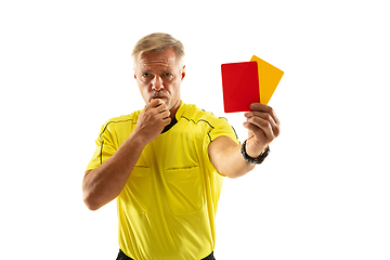 Image showing Football referee showing a red card to a displeased player isolated on white background