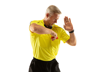 Image showing Football referee showing a red card to a displeased player isolated on white background