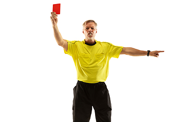 Image showing Football referee showing a red card to a displeased player isolated on white background