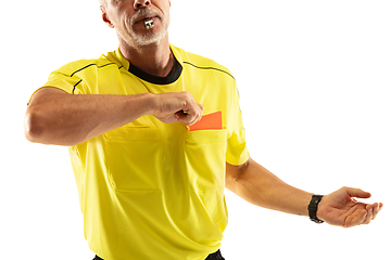 Image showing Football referee showing a red card to a displeased player isolated on white background