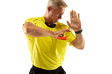 Image showing Football referee showing a red card to a displeased player isolated on white background