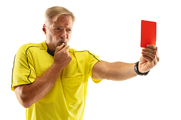 Image showing Football referee showing a red card to a displeased player isolated on white background