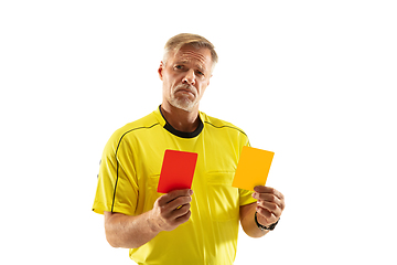 Image showing Football referee showing a red card to a displeased player isolated on white background