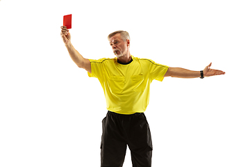 Image showing Football referee showing a red card to a displeased player isolated on white background