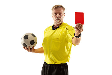 Image showing Football referee showing a red card to a displeased player isolated on white background