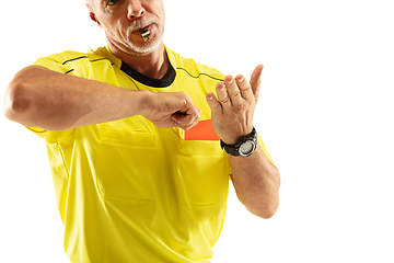 Image showing Football referee showing a red card to a displeased player isolated on white background