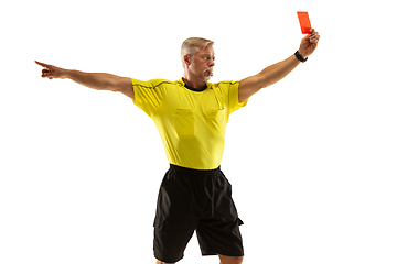 Image showing Football referee showing a red card to a displeased player isolated on white background