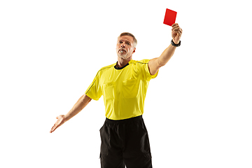 Image showing Football referee showing a red card to a displeased player isolated on white background