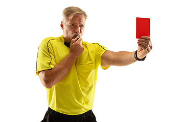 Image showing Football referee showing a red card to a displeased player isolated on white background