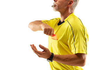 Image showing Football referee showing a red card to a displeased player isolated on white background