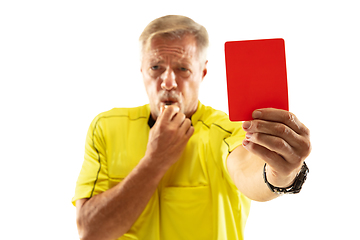 Image showing Football referee showing a red card to a displeased player isolated on white background