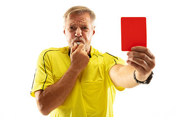 Image showing Football referee showing a red card to a displeased player isolated on white background