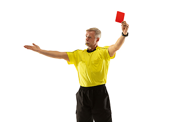 Image showing Football referee showing a red card to a displeased player isolated on white background