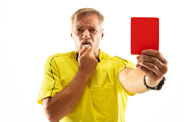 Image showing Football referee showing a red card to a displeased player isolated on white background