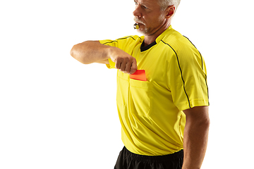 Image showing Football referee showing a red card to a displeased player isolated on white background