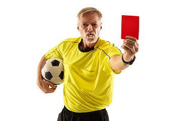 Image showing Football referee showing a red card to a displeased player isolated on white background