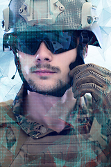 Image showing soldier preparing gear for action glitch effect