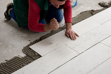 Image showing worker installing the ceramic wood effect tiles on the floor