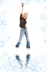 Image showing screaming blond with shoe on white sand