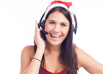 Image showing Christmas headset woman from telemarketing call center wearing r