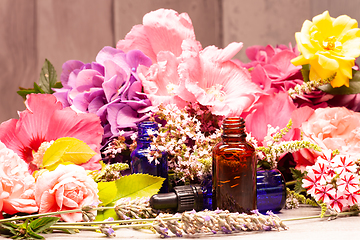 Image showing flowers and bottles of essential oils for aromatherapy