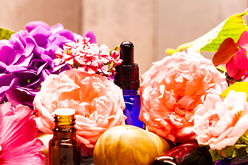 Image showing flowers and bottles of essential oils for aromatherapy