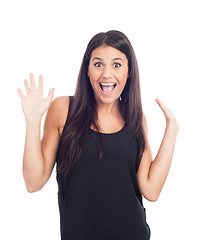 Image showing beautiful happy young woman in black dress and hands in the air