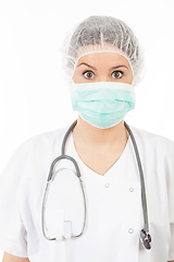 Image showing young woman doctor with stethoscope and mask