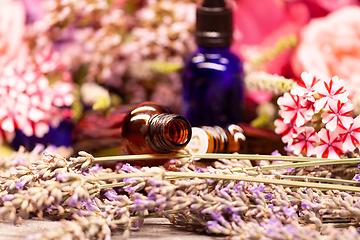 Image showing flowers and bottles of essential oils for aromatherapy