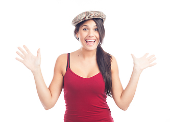 Image showing pretty smiling and cheerful brunette woman with french cap and r