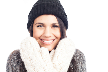 Image showing pretty brunette woman with a woolen hat a sweater and gloves tha