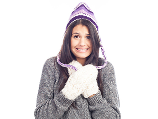 Image showing pretty brunette woman with a woolen Peruvian hat a sweater and g