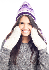 Image showing pretty brunette woman with a woolen Peruvian hat a sweater and g