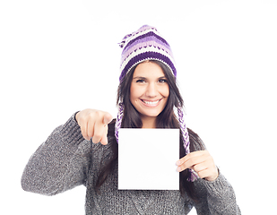 Image showing portrait of young woman with a sweater and Peruvian hat woolen h