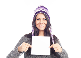 Image showing portrait of young woman with a sweater and Peruvian hat woolen h