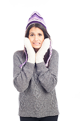 Image showing pretty brunette woman with a woolen Peruvian hat a sweater and g