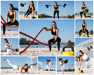 Image showing Young healthy female athlete doing workout at the beach