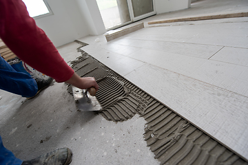 Image showing worker installing the ceramic wood effect tiles on the floor