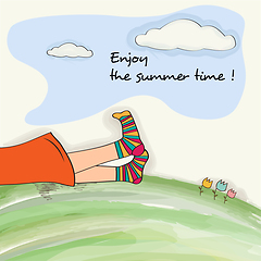 Image showing Funny  feet on green grass. Watercolor summer holiday poster