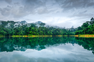 Image showing Misty morning on Cheow Lan Lake, Khao Sok National Park, Thailan