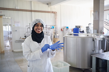 Image showing African black muslim business woman in local cheese production company