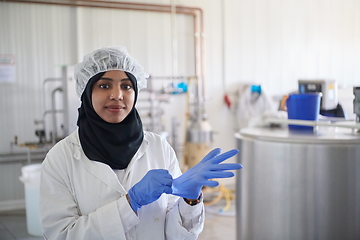 Image showing African black muslim business woman in local cheese production company