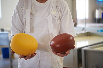 Image showing Cheese production cheesemaker working in factory