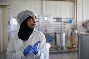 Image showing African black muslim business woman in local cheese production company