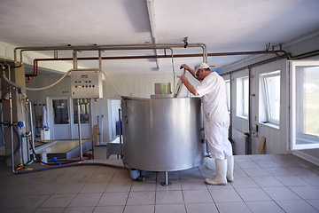 Image showing Cheese production cheesemaker working in factory